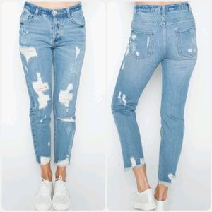 KC-8901Jazz Blue Ripped Distressed Boyfriend Jeans